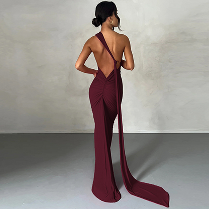 Slant Shoulder Backless Maxi Dress
